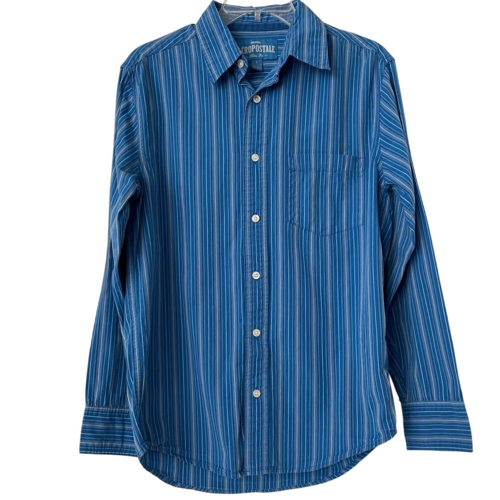 Aeropostale Blue Striped Button Down Shirt Mens Size S 100% Cotton Casual Work